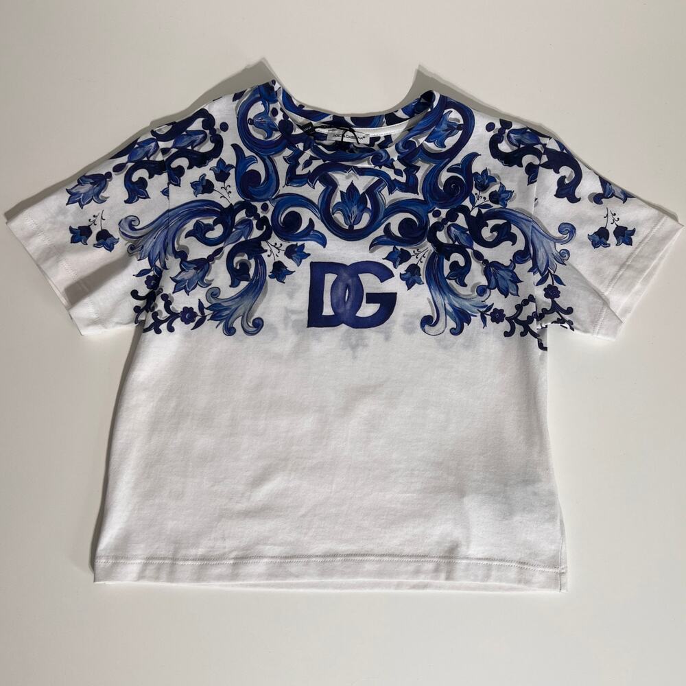 Dolce & Gabbana T Shirt Kids Size 6 White Blue Baroque Logo Cotton NWT Italy